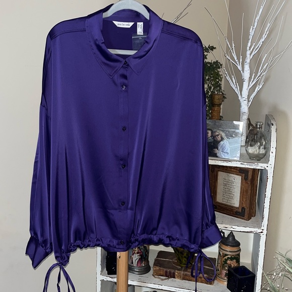 Peace Love World Tops - NWT Peace Love World 1XDeep Purple Satin Button-Up Blouse. Drawstring hem.